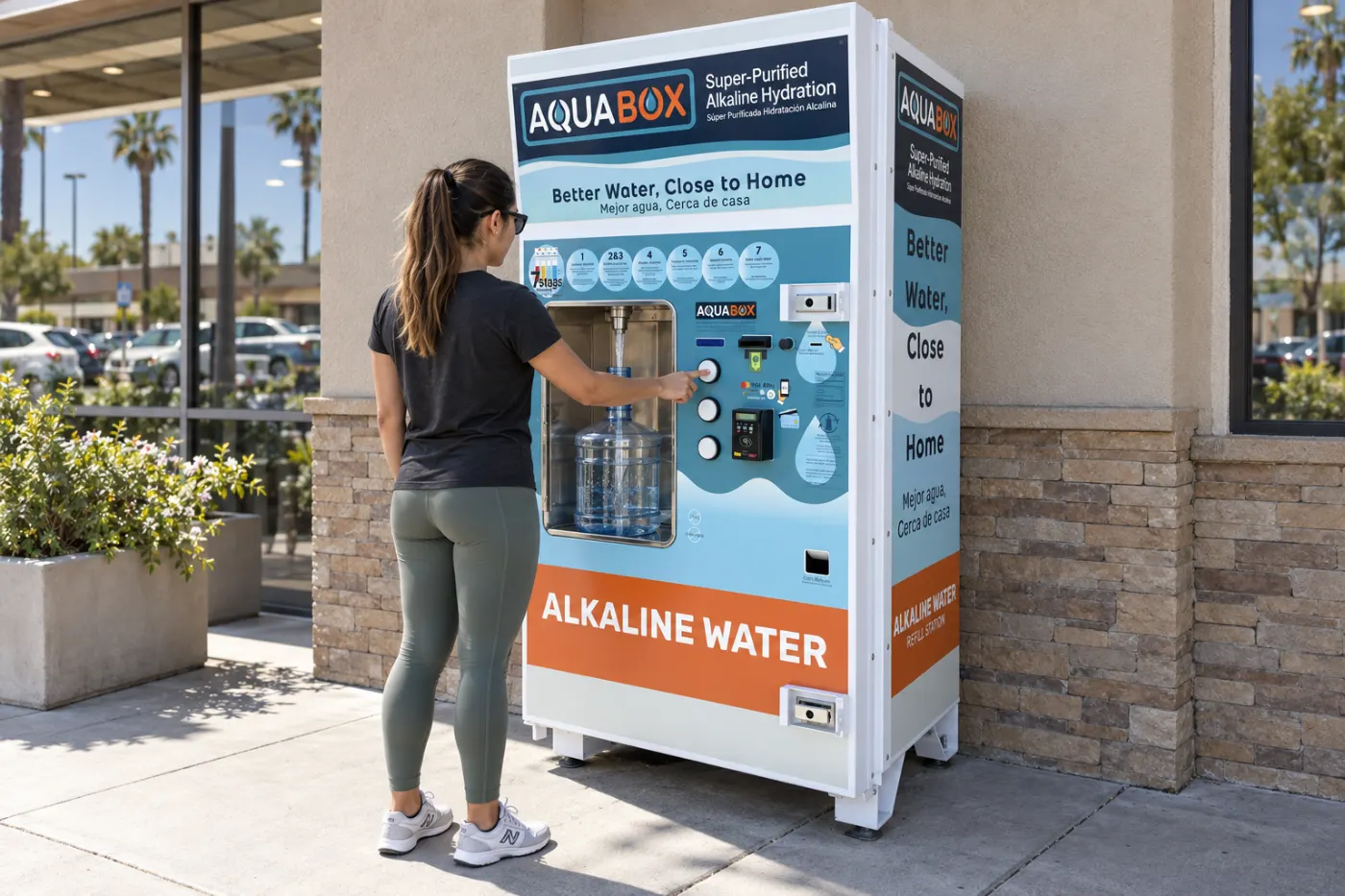 Illustration of a customer refilling a five-gallon water jug at an Aquabox outside a storefront