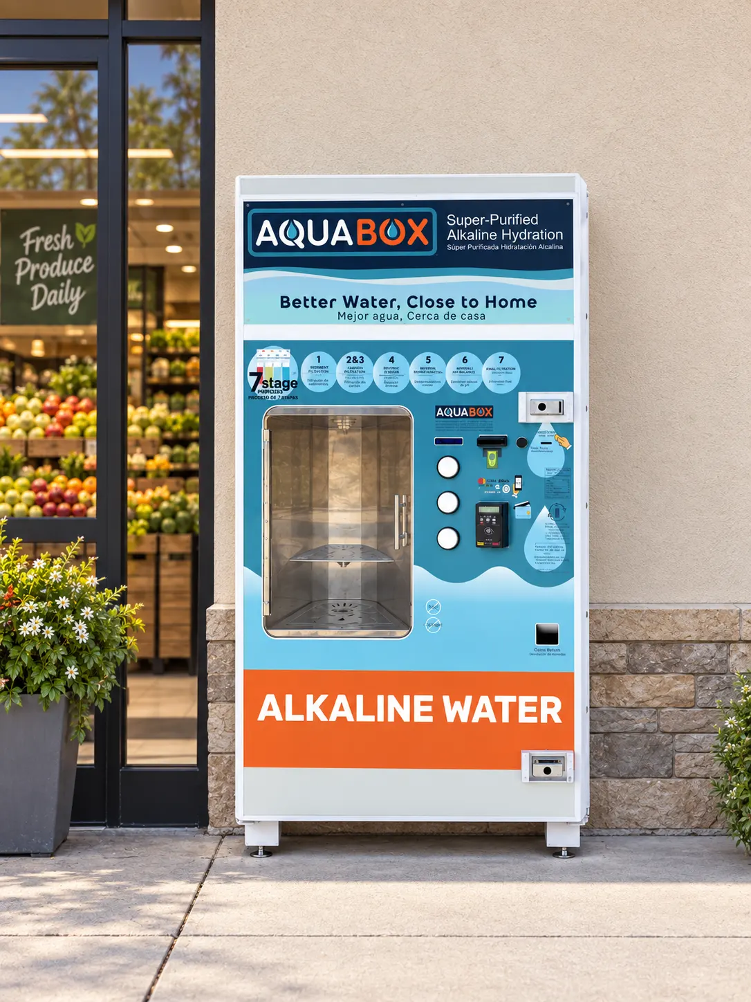 Illustrative scene of an Aquabox refill machine installed against a grocery storefront wall