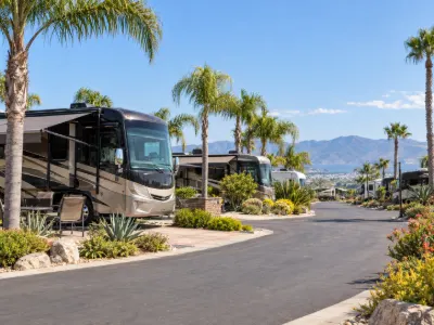 RV park with landscaped sites and recreational vehicles